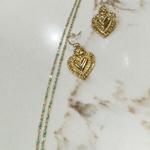 Gold Heart Earrings and Necklace Set